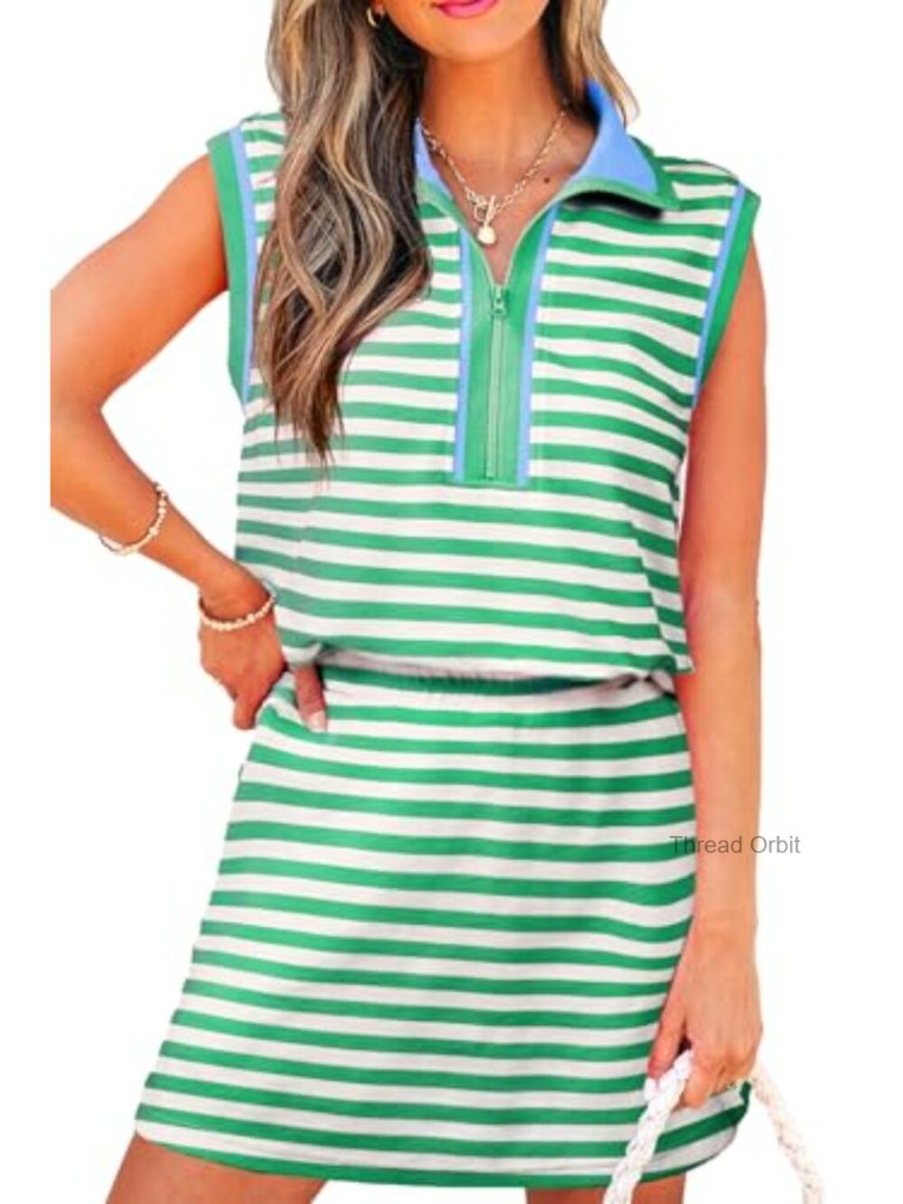 Women's Sleeveless Quarter-Zip Top and Mini Skirt Set - Striped Cotton Blend,